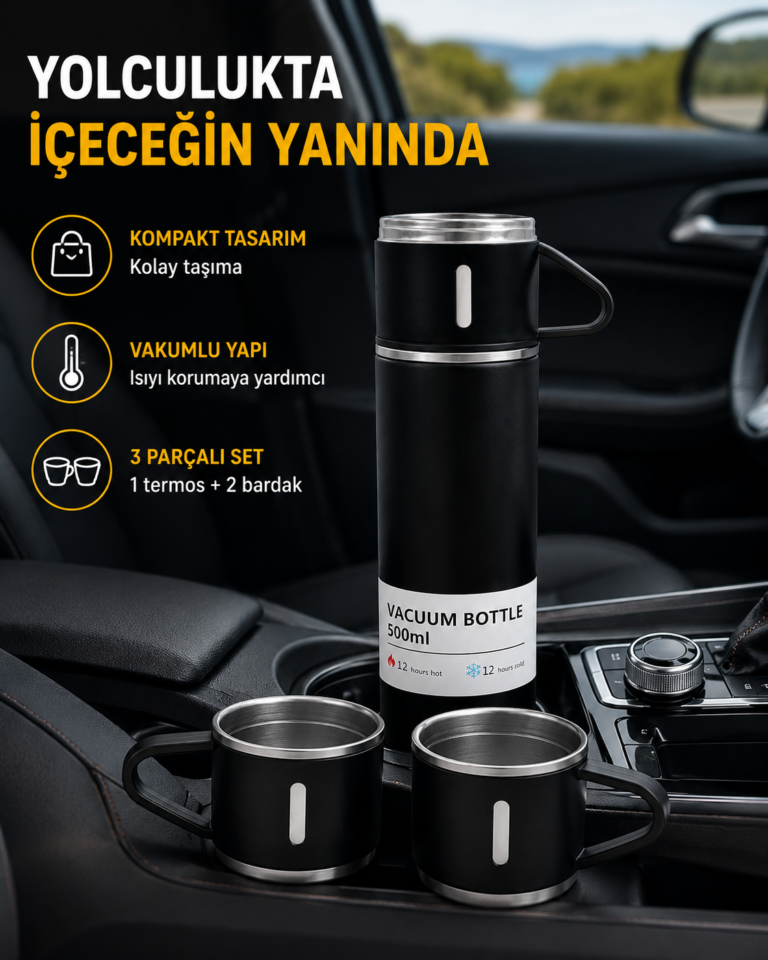 500 ml Paslanmaz Çelik Termos Seti – Sızdırmaz, Vakumlu, Isı Koruma Özellikli, Taşınabilir Termos