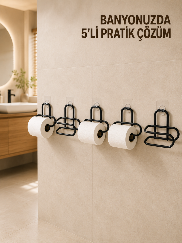 5 Adet Duvara Yapışkanlı WC Kağıtlık Delmeden Montaj Siyah Metal Tuvalet Kağıdı Askısı