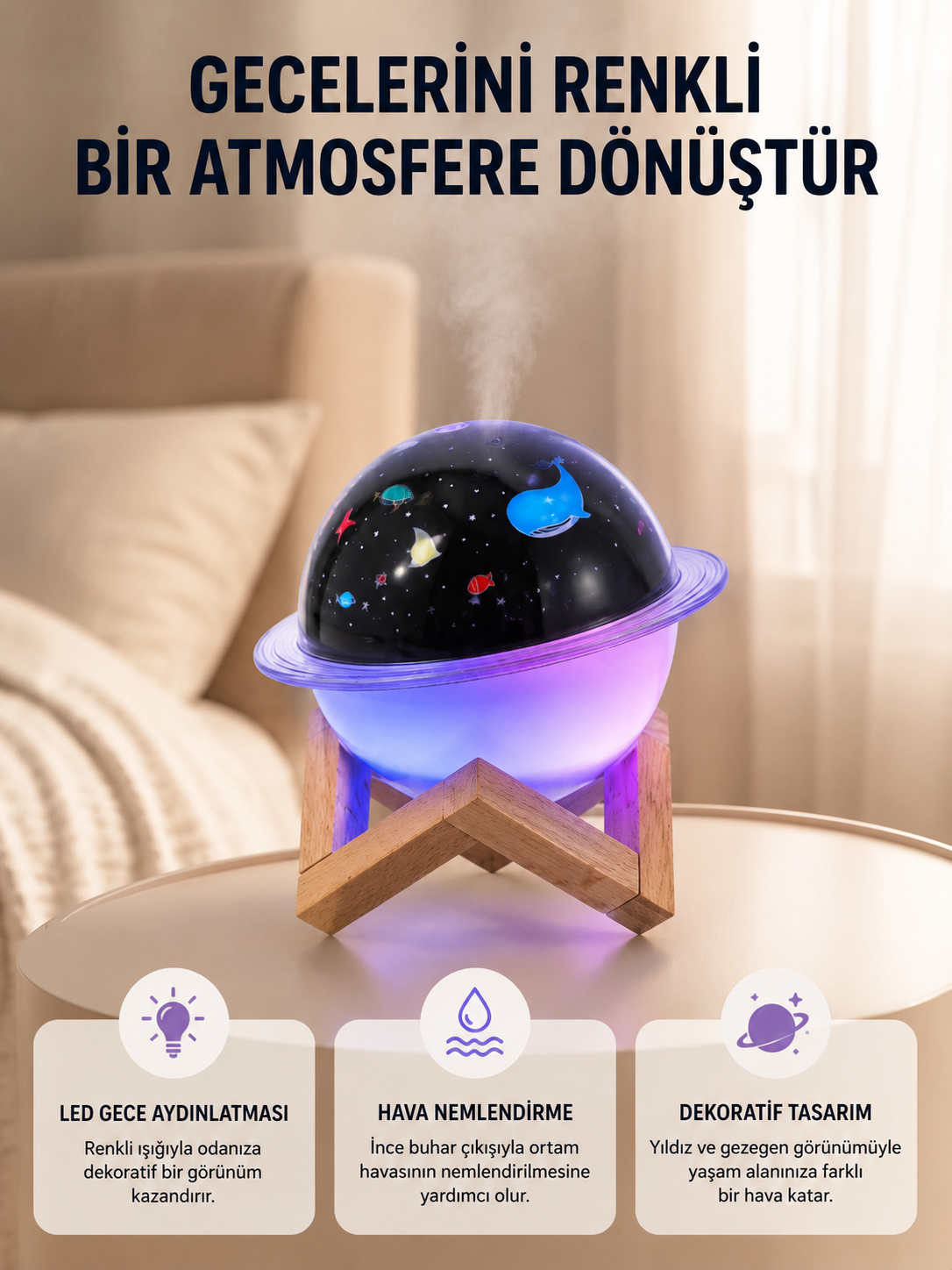 Gece lambası özellikli taşınabilir nemlendirici ve aromaterapi cihazı USB girişli