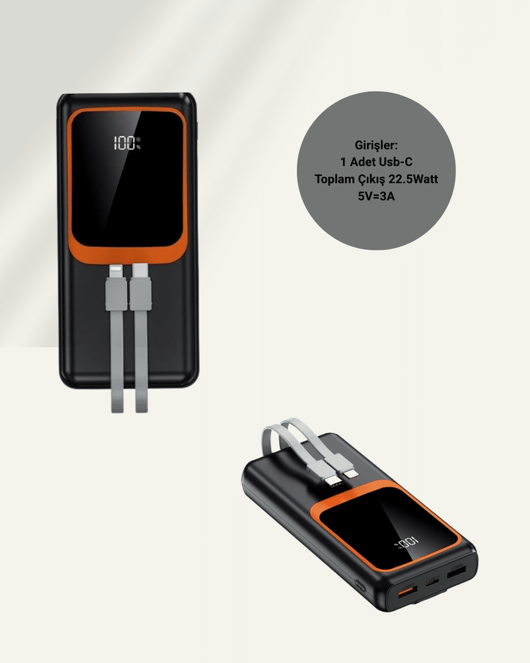 20.000 mAh Taşınabilir Şarj Cihazı Dijital Göstergeli Kablolu Powerbank