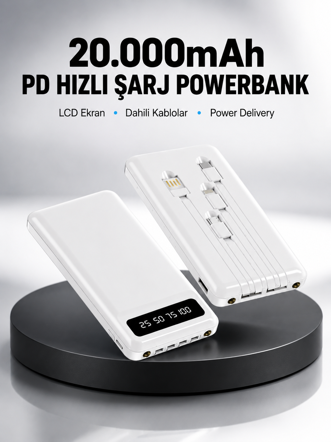 LED Işıklı 20.000mAh Powerbank LCD Gösterge Dahili Çoklu Kablo Yeni Nesil