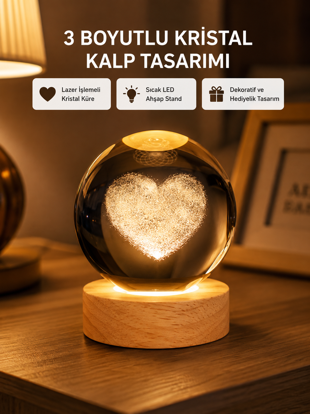 Romantik Kalpli Kristal Cam Küre USB’li Işıklı Dekoratif Obje