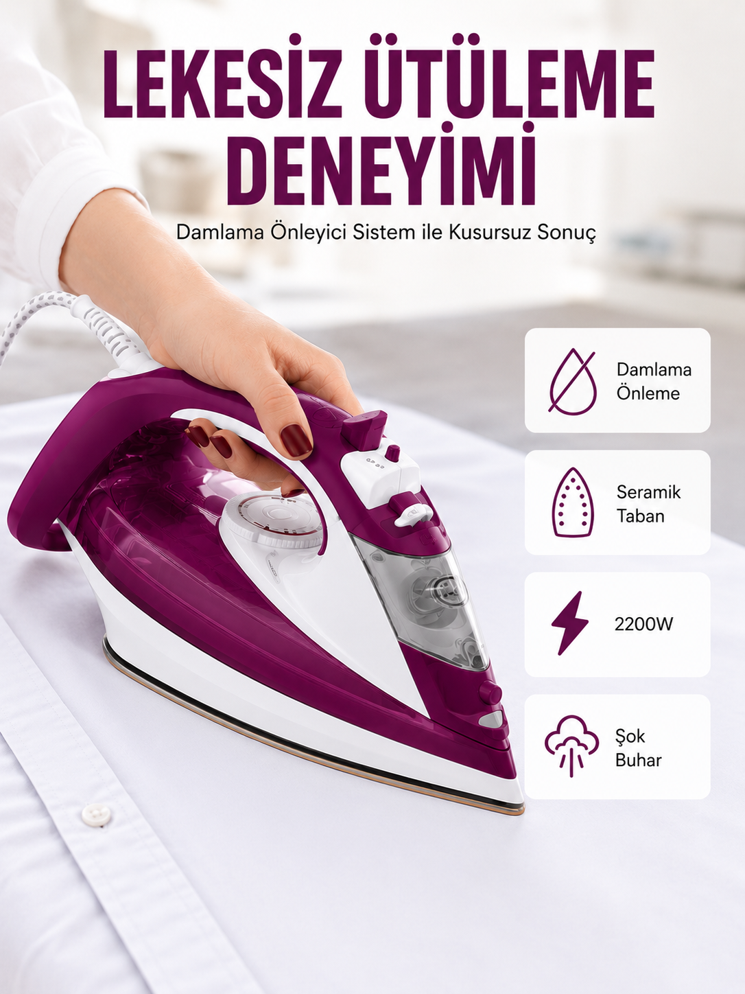 Yeni Nesil Kırmızı Buharlı Ütü 2200 Watt Seramik Tabanlı Yüksek Buhar Gücü Yeni Nesil