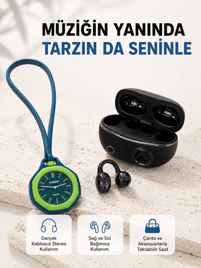 Kablosuz Kulaklık ve Yeşil Askılı Çanta Charm Saat Kampanya Seti Şarj Kutulu Bluetooth Kulaklık