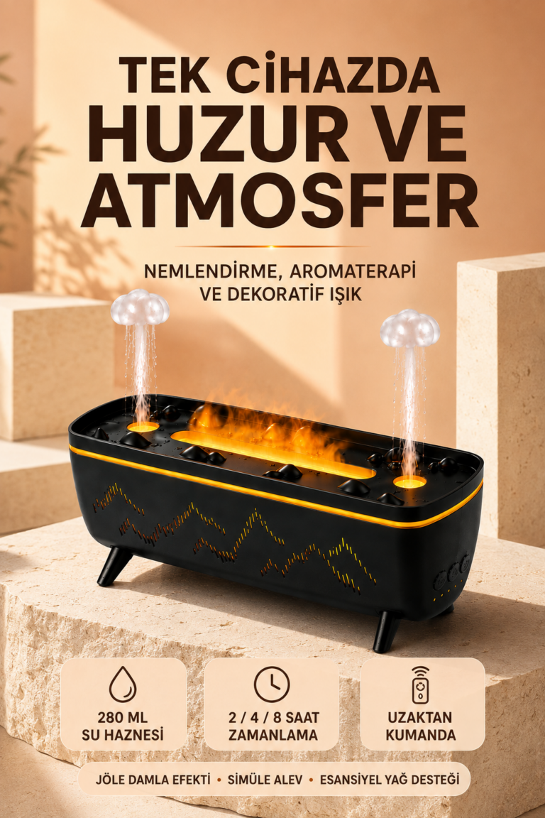 Jöle Yağmur Efektli Hava Nemlendirici 280 ML Aromaterapi Difüzörü Alev Efektli