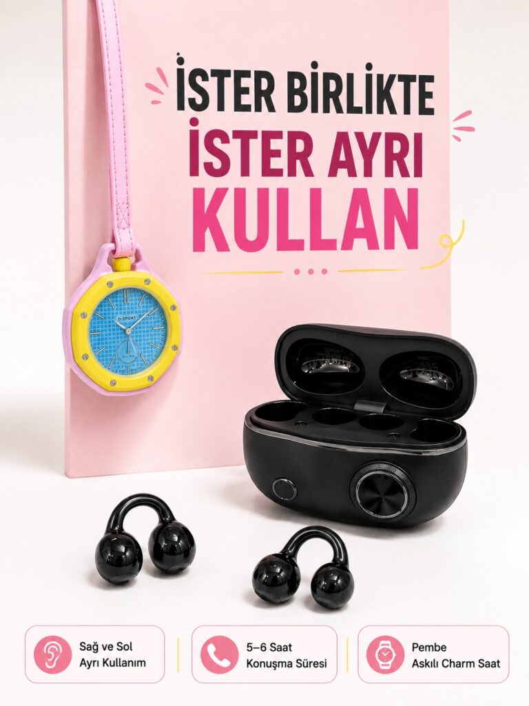 Kablosuz Kulaklık ve Pembe Askılı Çanta Charm Analog Saat Kampanya Seti