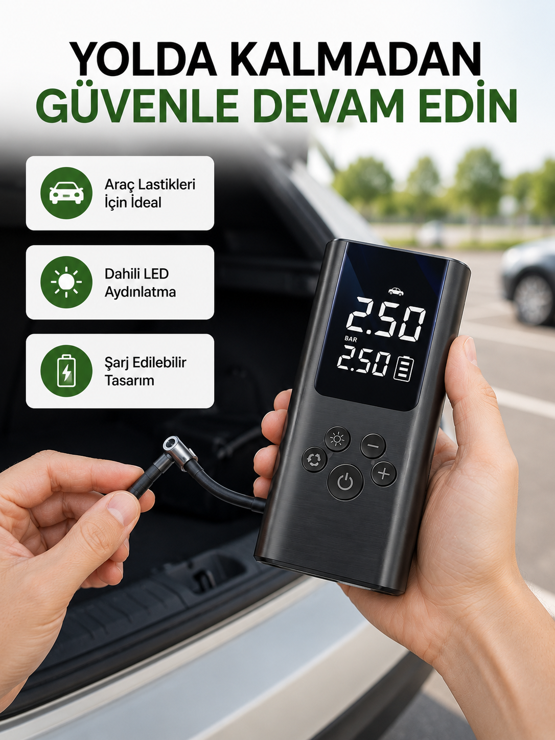 USB Şarjlı Taşınabilir Hava Kompresörü Dijital Ekranlı