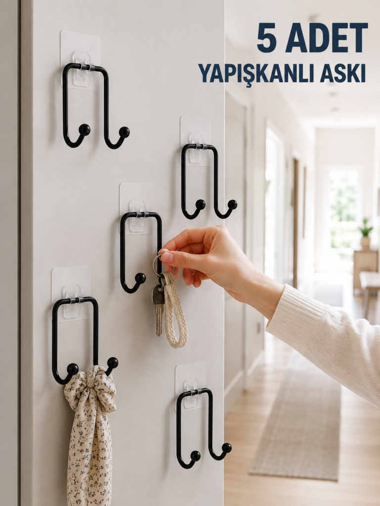 5 Adet Yapışkanlı Duvar Askısı Çok Amaçlı Pratik Askılık Seti