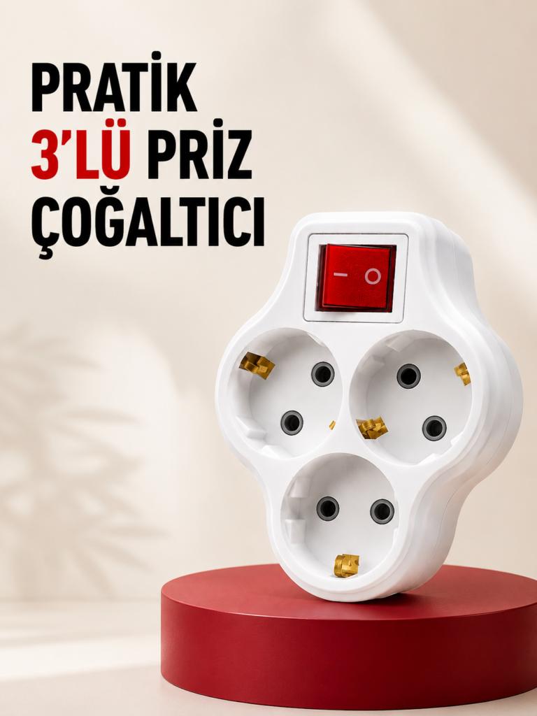 3’lü Topraklı Priz Çoklayıcı Açma Kapama Anahtarlı Direkt Prize Takılan Adaptör