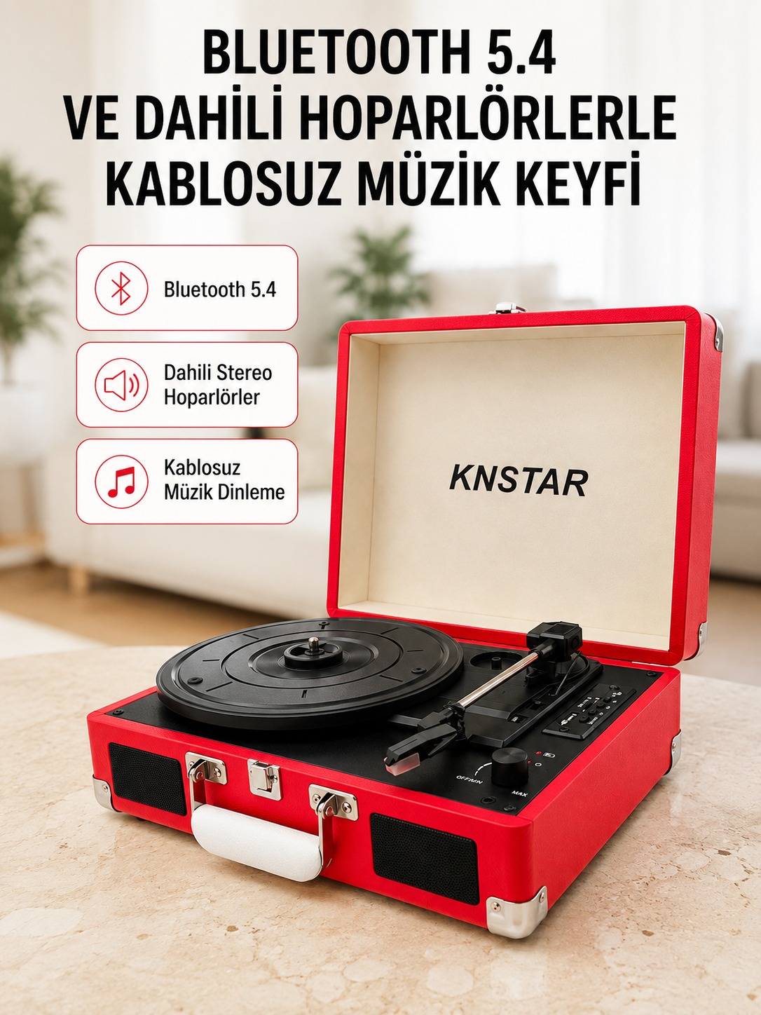 Taşınabilir Bavul Tipi Pikap Bluetooth Özellikli Dahili Hoparlörlü USB ve SD Kart Destekli Kırmızı