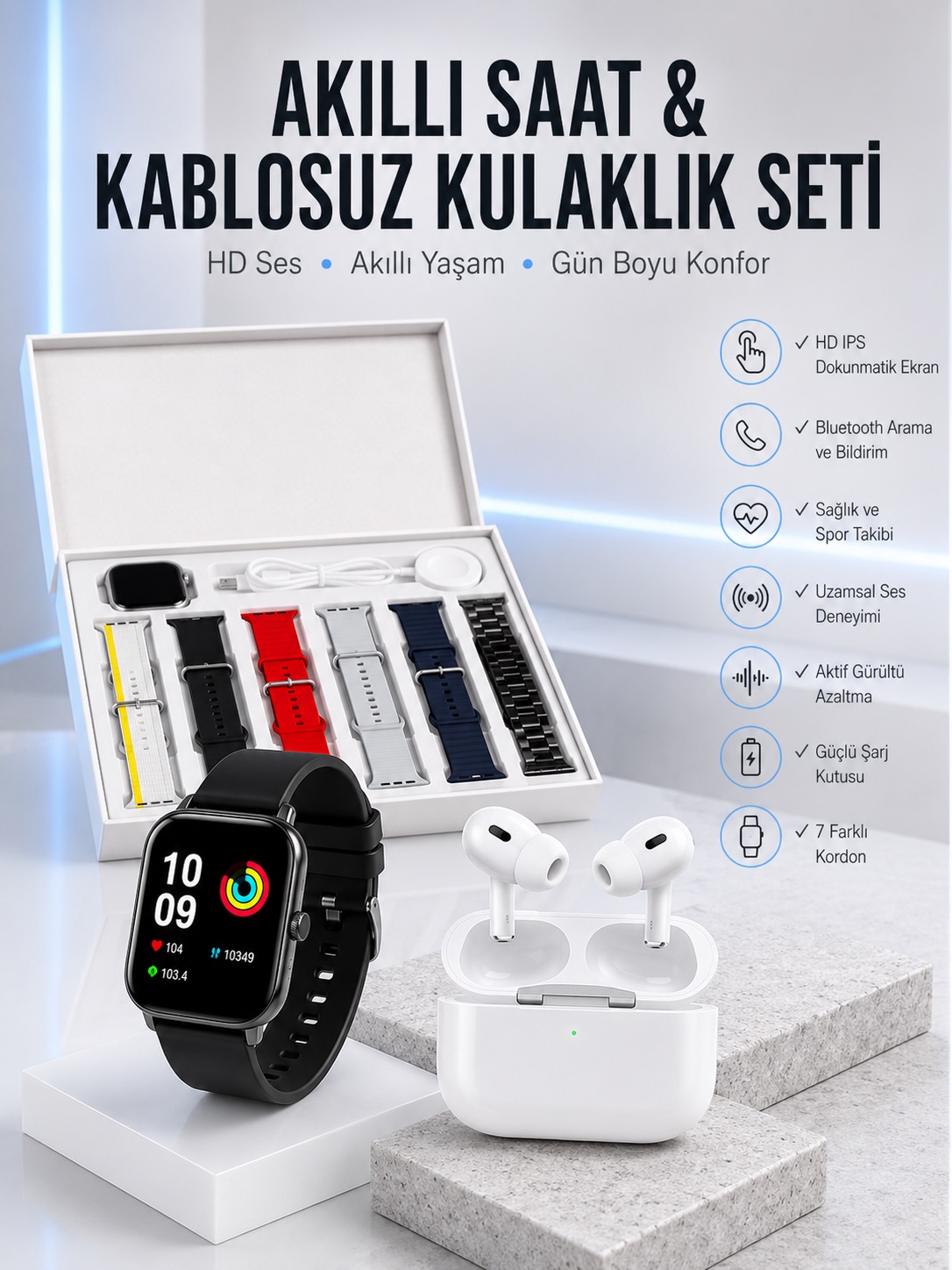 7 Kordonlu Akıllı Saat Ve Yeni Nesil Kulaklık Dokunmatik Ekran Android ve İOS Uyumlu