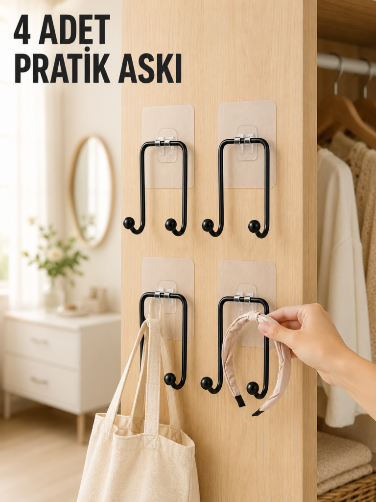 4 Adet Yapışkanlı Duvar Askısı Çok Amaçlı Pratik Askılık Seti