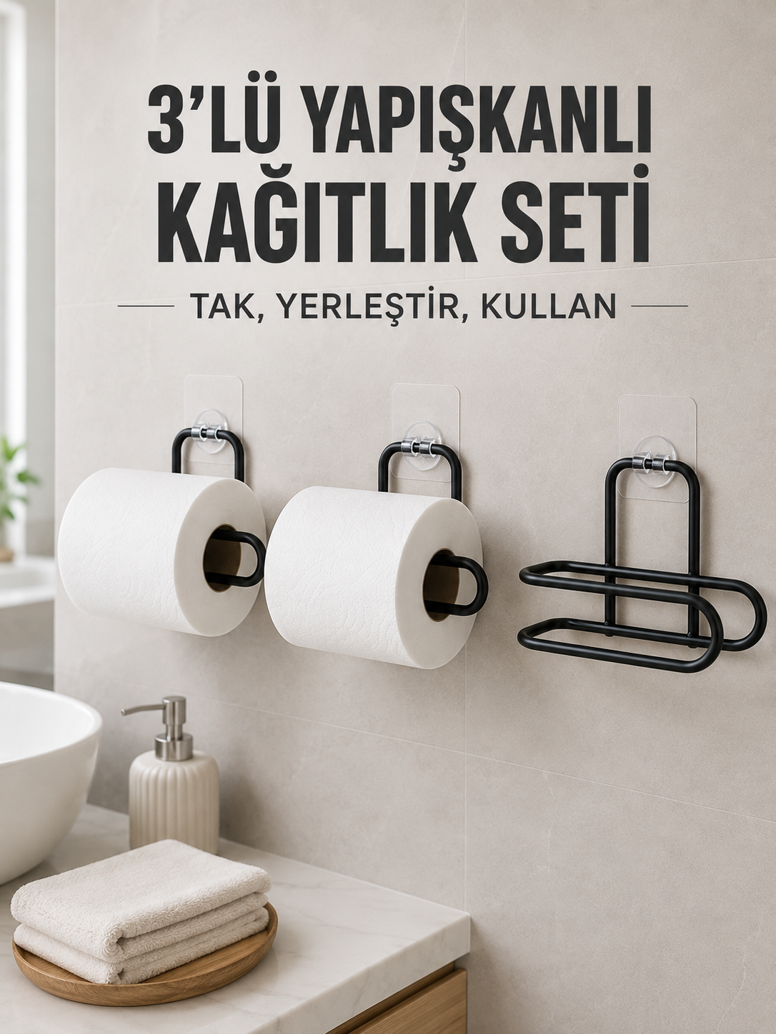 3 Adet Yapışkanlı Rulo Tutucu Siyah Metal Tuvalet Kağıdı Askısı