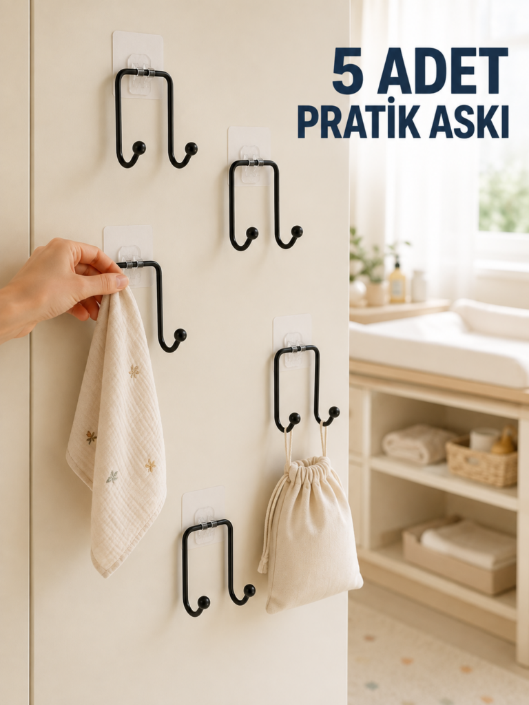 5'li Duvar Tipi Yapışkanlı Askı Pratik Ev ve Yaşam Alanı Askılık Seti