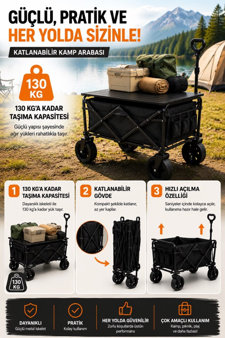 Piknik Kamp Arabası Masalı Geniş Tekerlekli Taşıma ve Yük Arabası 130 Kg
