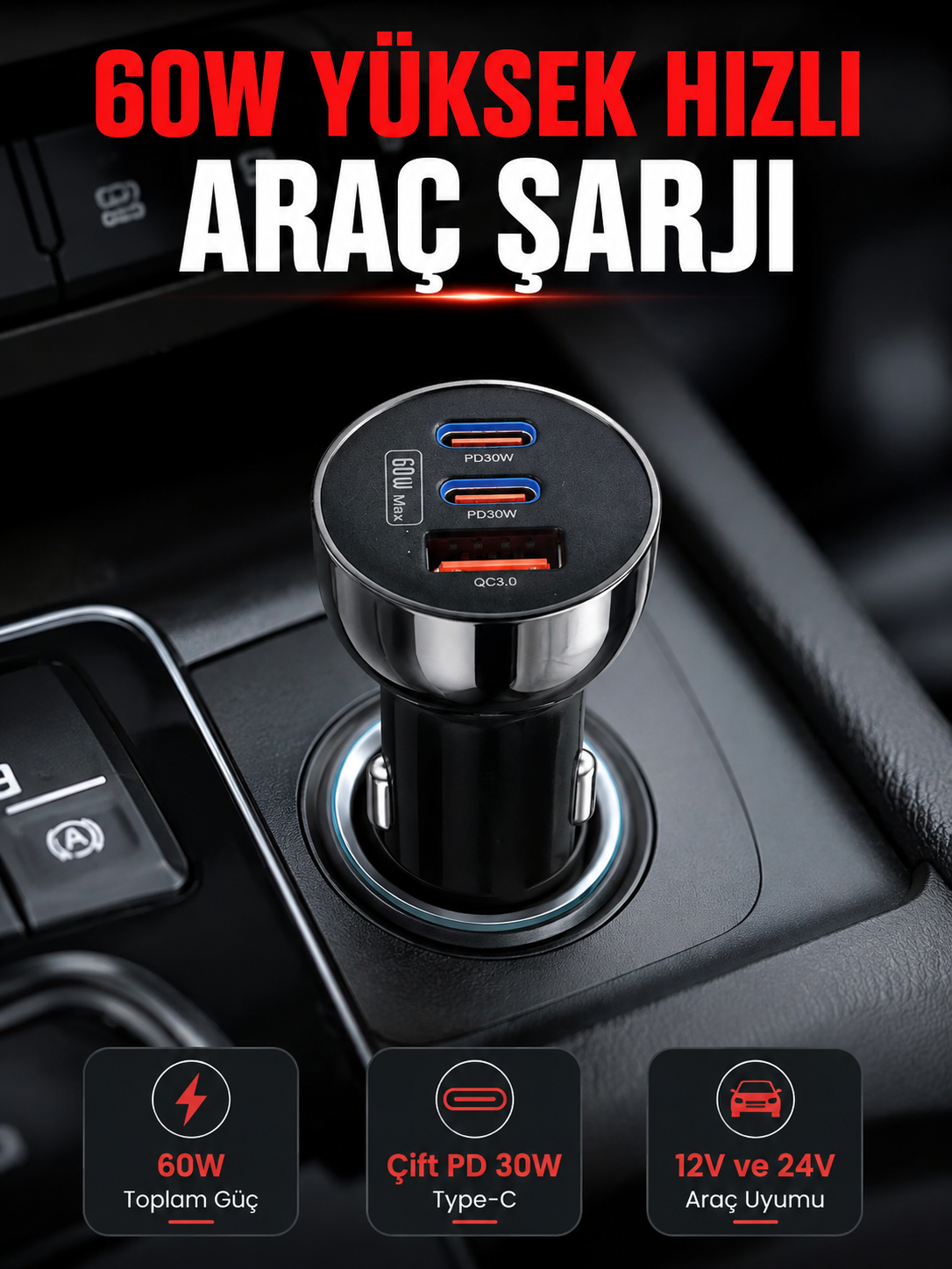 PD 30W Çift USB-C Araç Şarj Cihazı 60W Hızlı Şarj Adaptörü