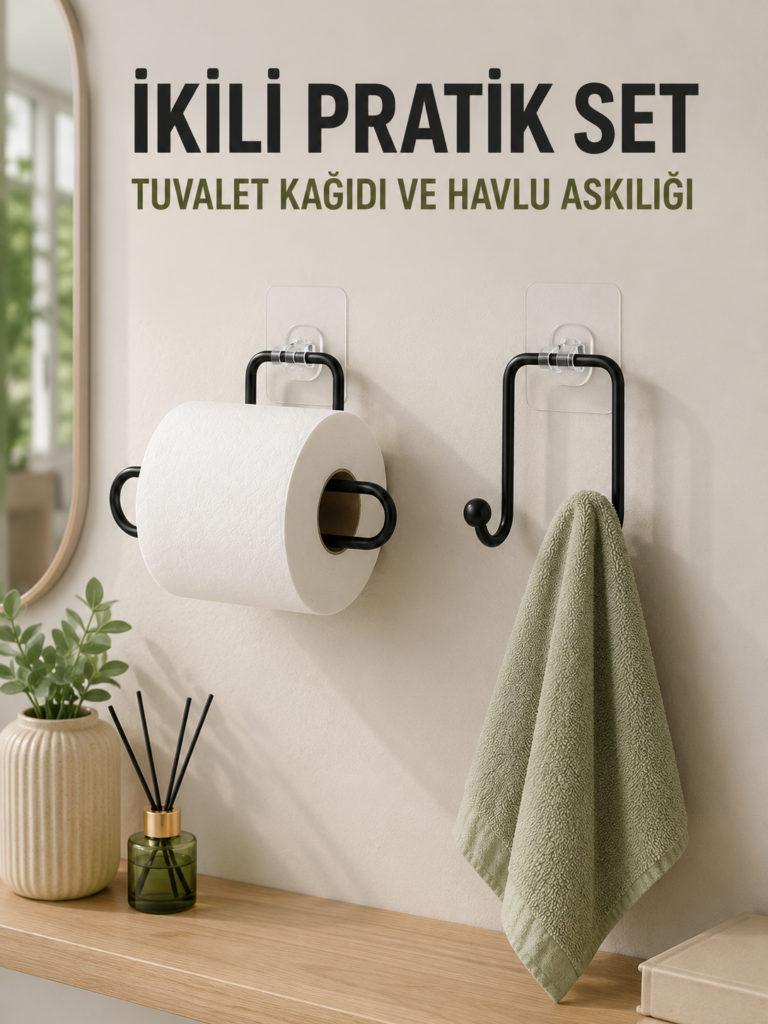 Duvara Yapışkanlı 2’li Düzenleme Seti Havlu Askısı ve Tuvalet Kağıdı Tutucu