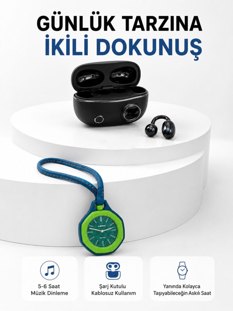 Şarj Kutulu Kablosuz Kulaklık ve Yeşil Askılı Analog Çanta Saati Avantajlı İkili Set
