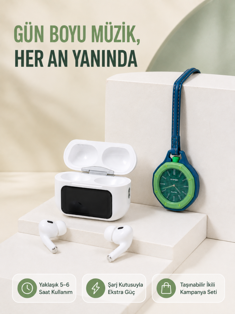 Ekranlı Kablosuz Kulaklık ve Yeşil Çanta Charm Saat Kampanya Seti