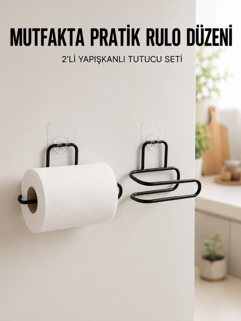2’li Siyah Metal Rulo Kağıt Tutucu Yapışkanlı Banyo ve Mutfak Kağıtlık