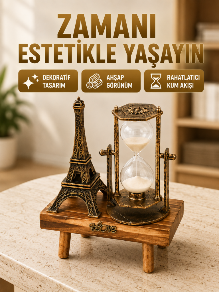 Ahşap Gövdeli Dekoratif Kum Saati – Masa Üstü El Sanatı Aksesuarı