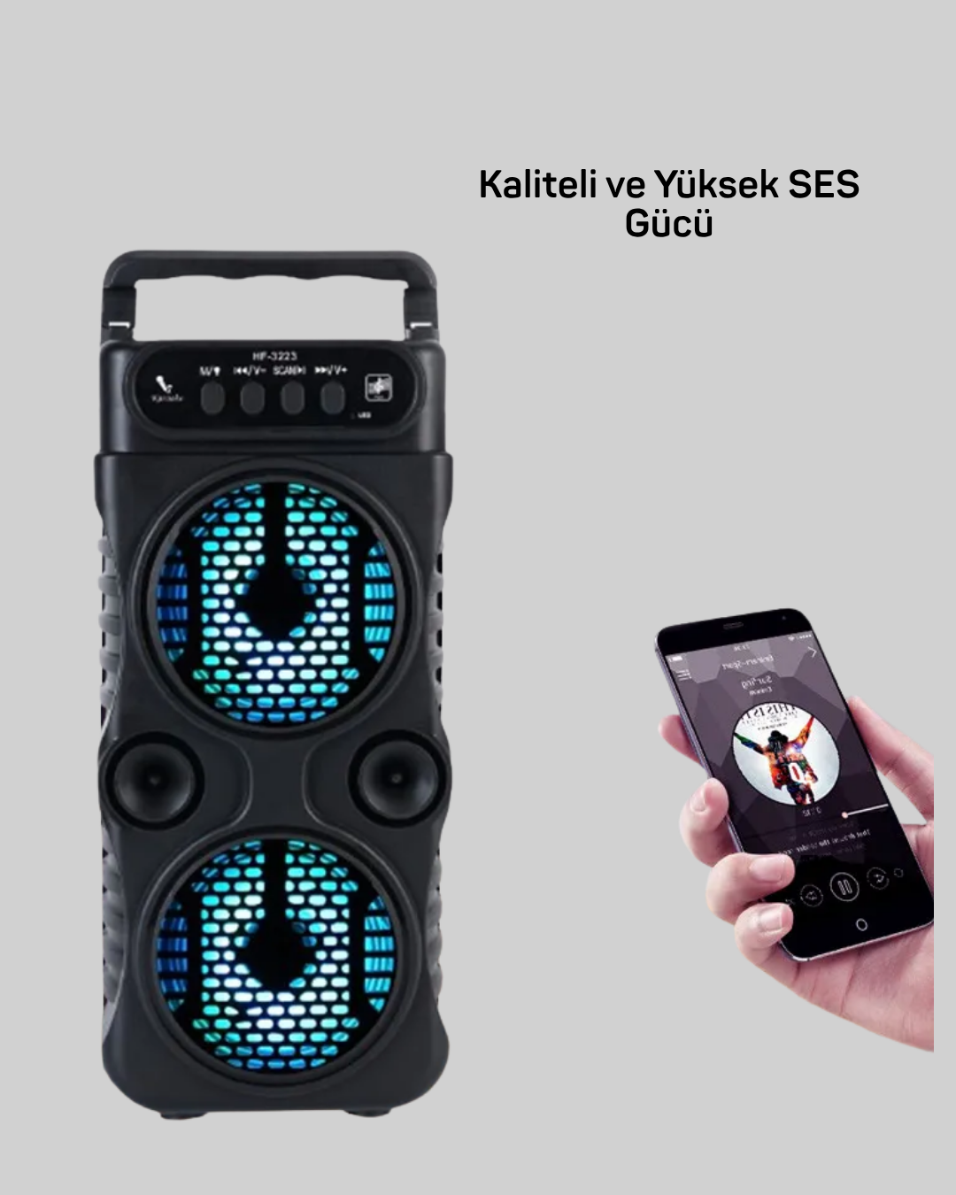 LED Işıklı Bluetoothlu Hoparlör Mikrofonlu Taşınabilir Ses Sistemi