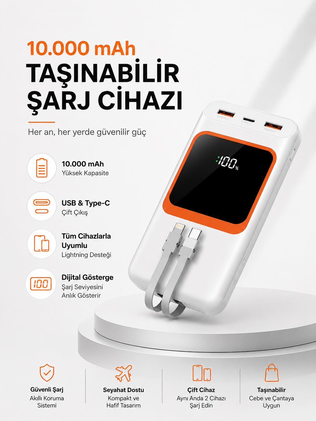 10.000 mAh Bataryalı, Dijital Göstergeli Taşınabilir Powerbank