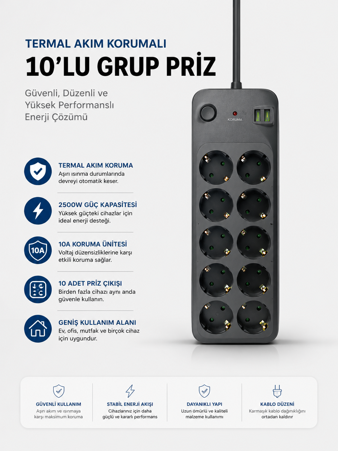 Termal Akım Korumalı USB Type-C Girişli 10'lu Grup Priz 2500W Güç Kapasitesi