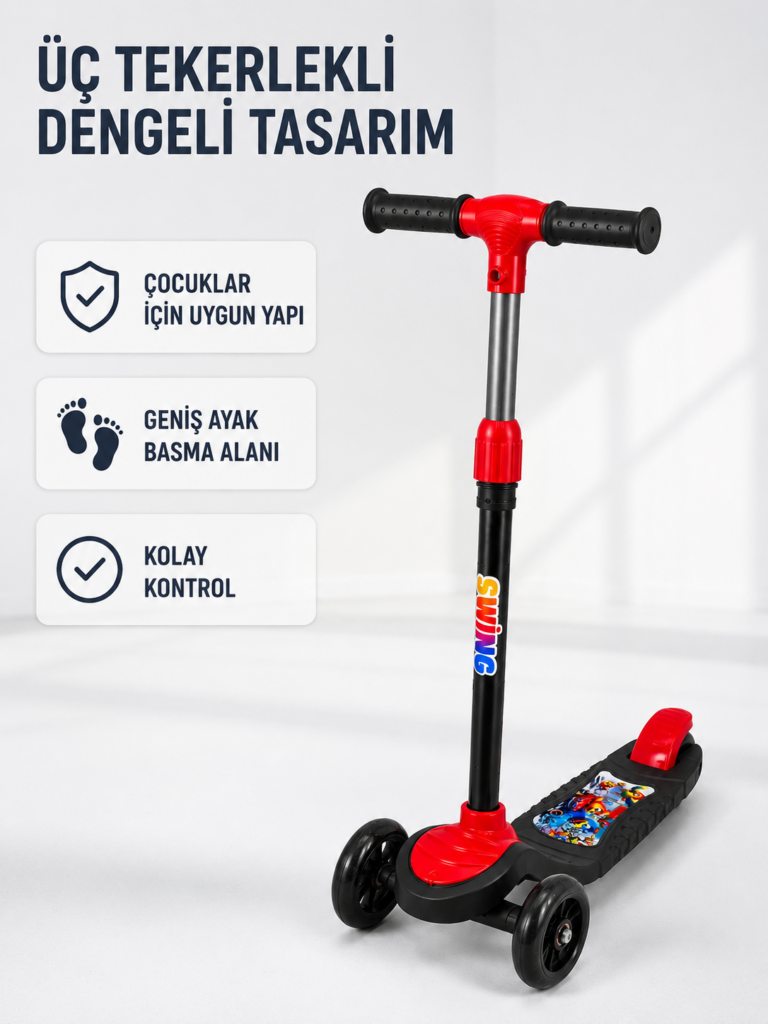 Çocuk Skuteri 3 Tekerlekli Geniş Basma Alanlı Ayarlanabilir Boy Scooter