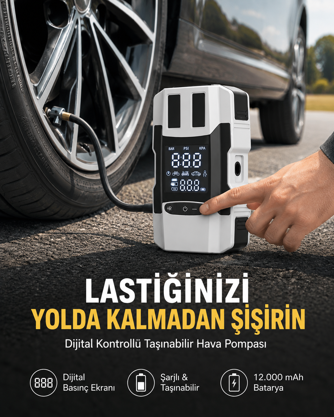 Araç Lastik Şişirme Pompası ve Akü Takviye Powerbank Bir Arada Yeni Nesil
