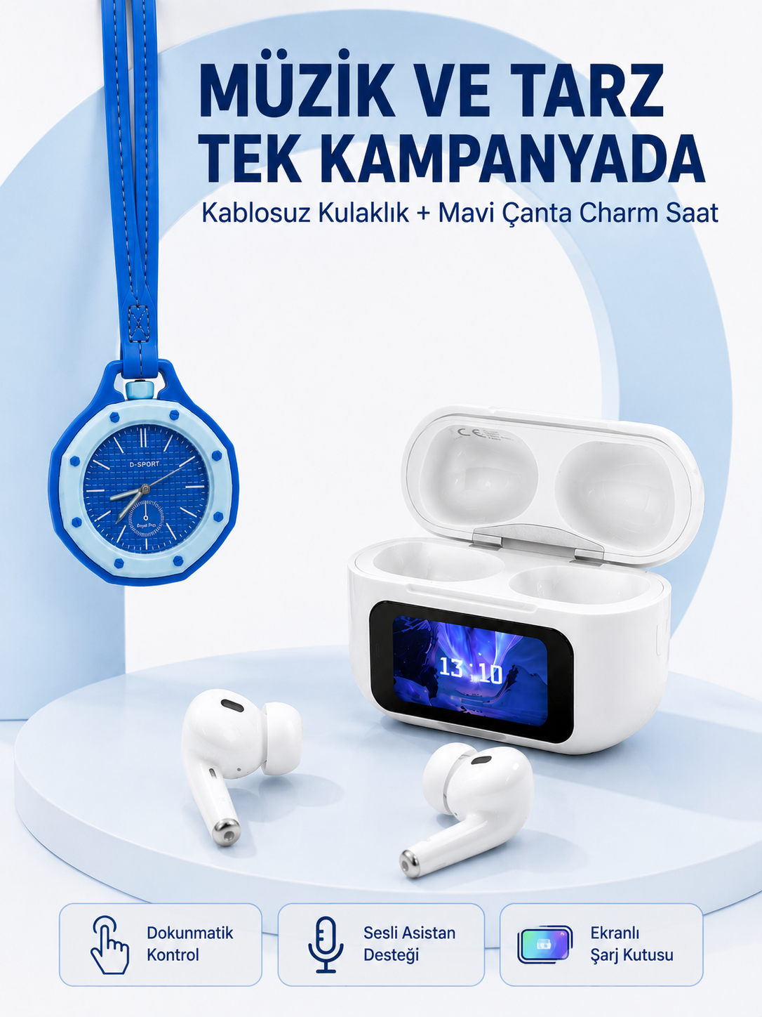 Ekranlı Kablosuz Kulaklık ve Mavi Çanta Charm Saat Kampanya Seti