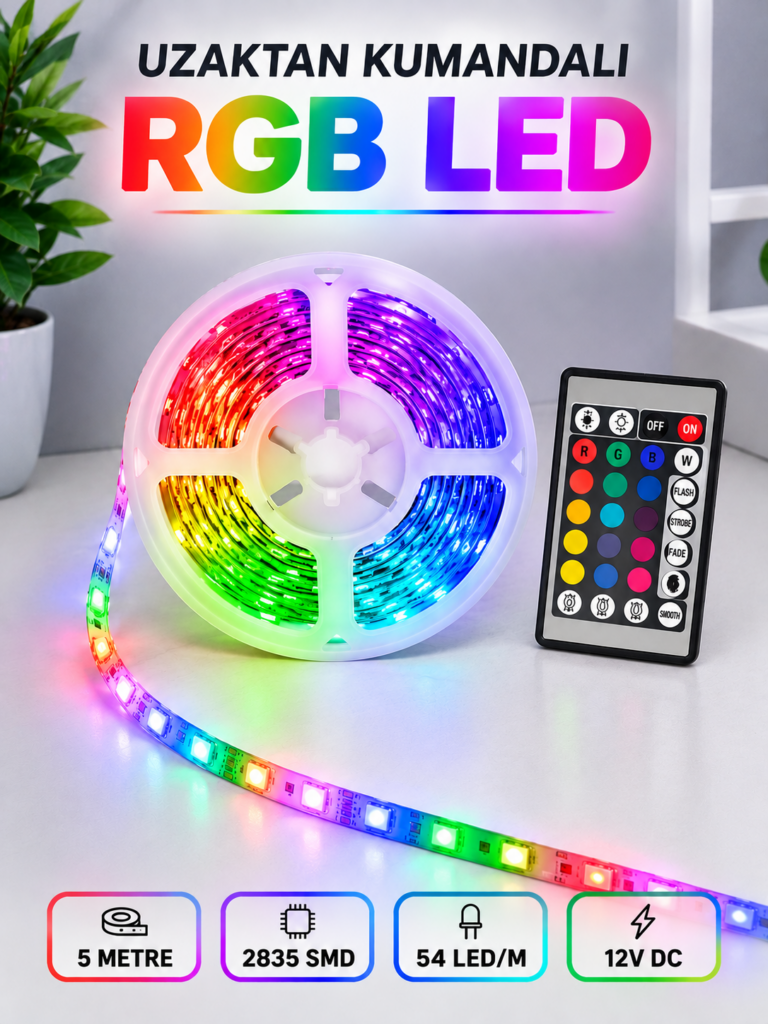 RGB Şerit LED 5 Metre 12V 2835 SMD Kumandalı Renkli Oda ve Ev Aydınlatması