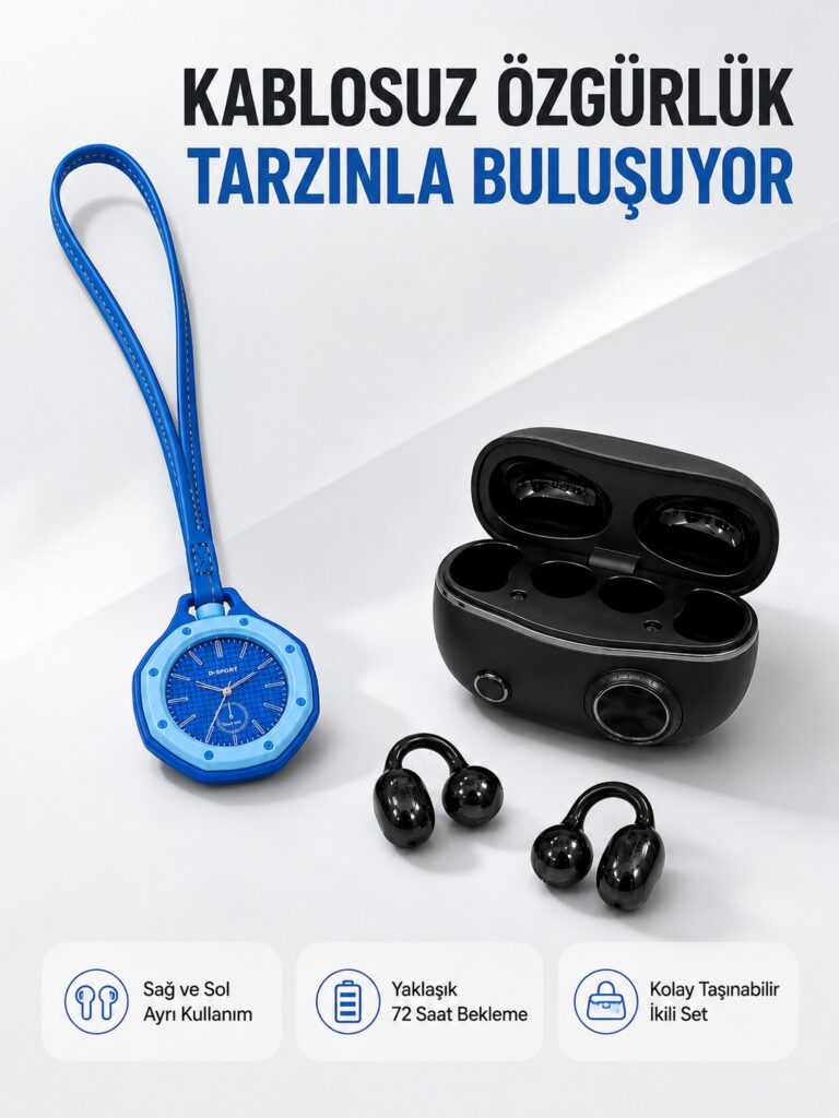 Kablosuz Kulaklık ve Mavi Çanta Charm Saat Kampanya Seti Taşınabilir Günlük Kullanım