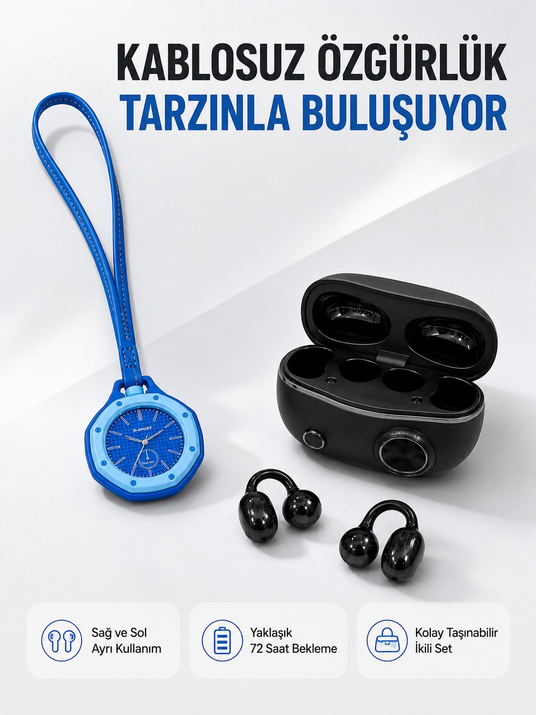 Kablosuz Kulaklık ve Mavi Çanta Charm Saat Kampanya Seti Taşınabilir Günlük Kullanım