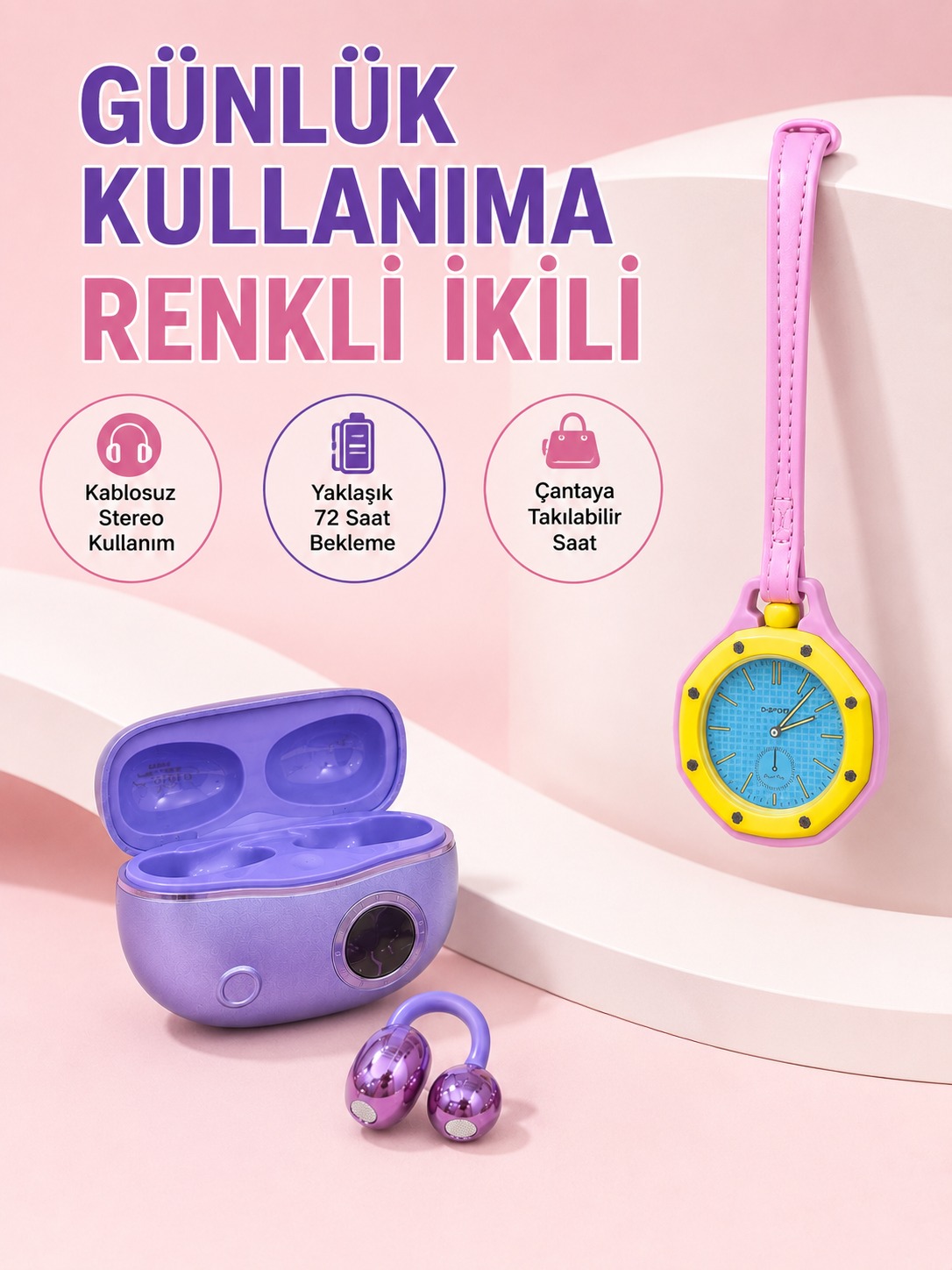 Şarj Kutulu Kablosuz Kulaklık ve Pembe Çanta Charm Analog Saat Seti Müzik ve Aksesuar Bir Arada