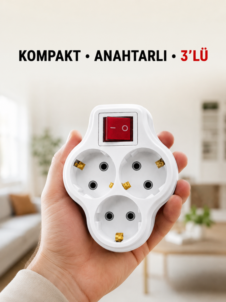 Anahtarlı 3’lü Priz Çoğaltıcı Kablosuz Duvar Tipi Topraklı Priz Çoklayıcı