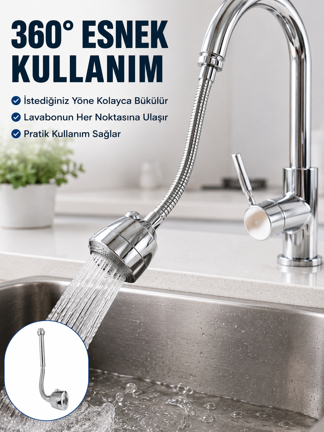 Krom Musluk Uzatma Aparatı  360° Dönebilen Su Tasarruflu Lavabo Fıskiyesi