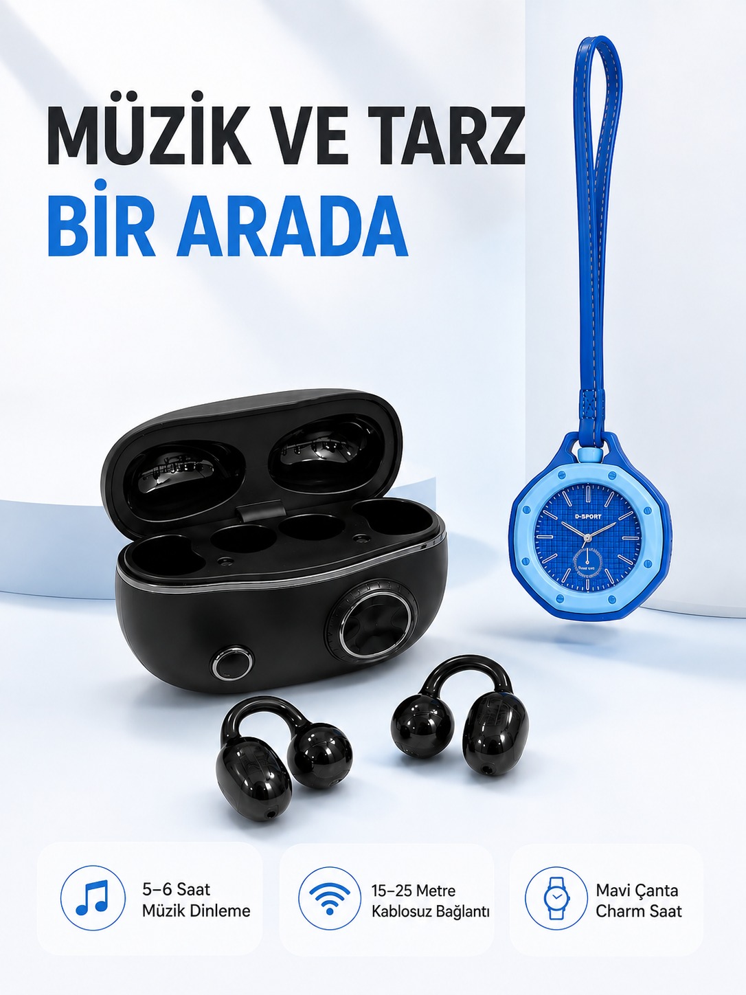 Şarj Kutulu Kablosuz Kulaklık ve Askılı Mavi Charm Saat Avantajlı İkili Set