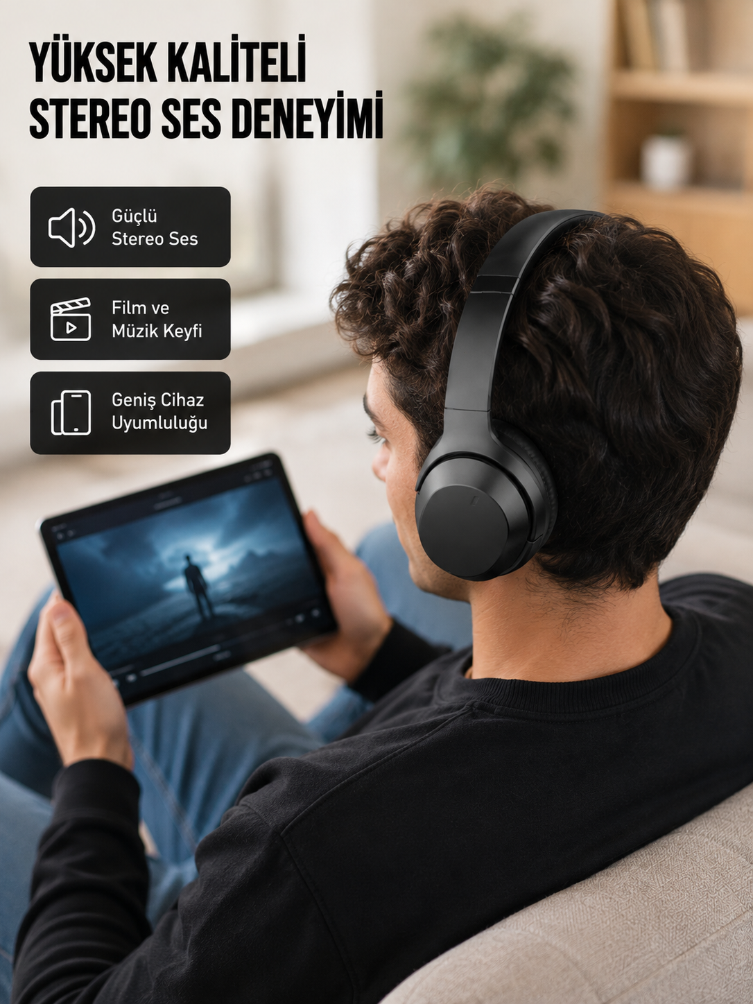 Bluetooth 5.0 Siyah Kablosuz Kulaklık 18 Saat Batarya Katlanabilir Tasarım Yeni Nesil