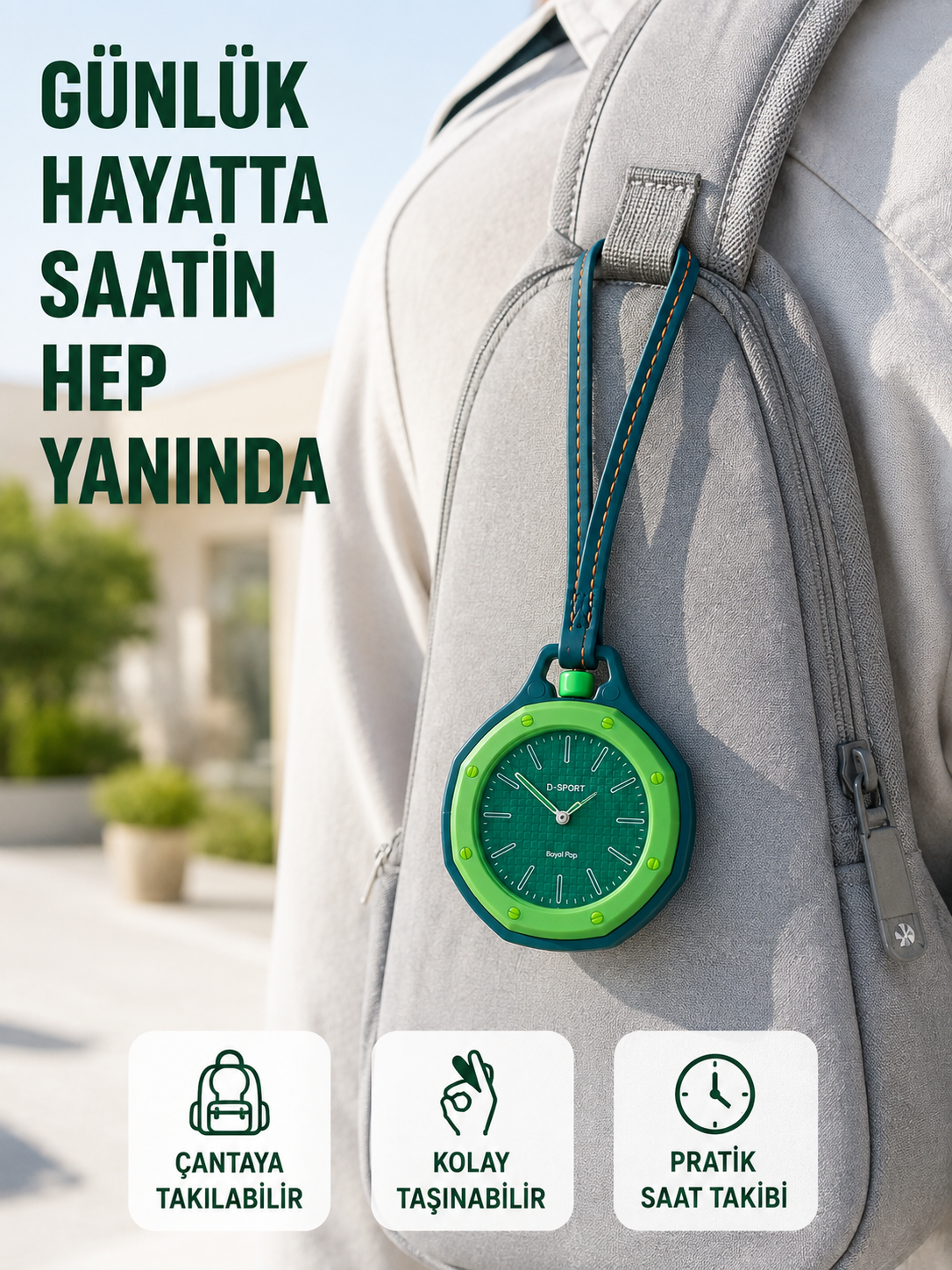 Çanta Charmı Askılı Analog Taşınabilir Saat Günlük Aksesuar Yeşil