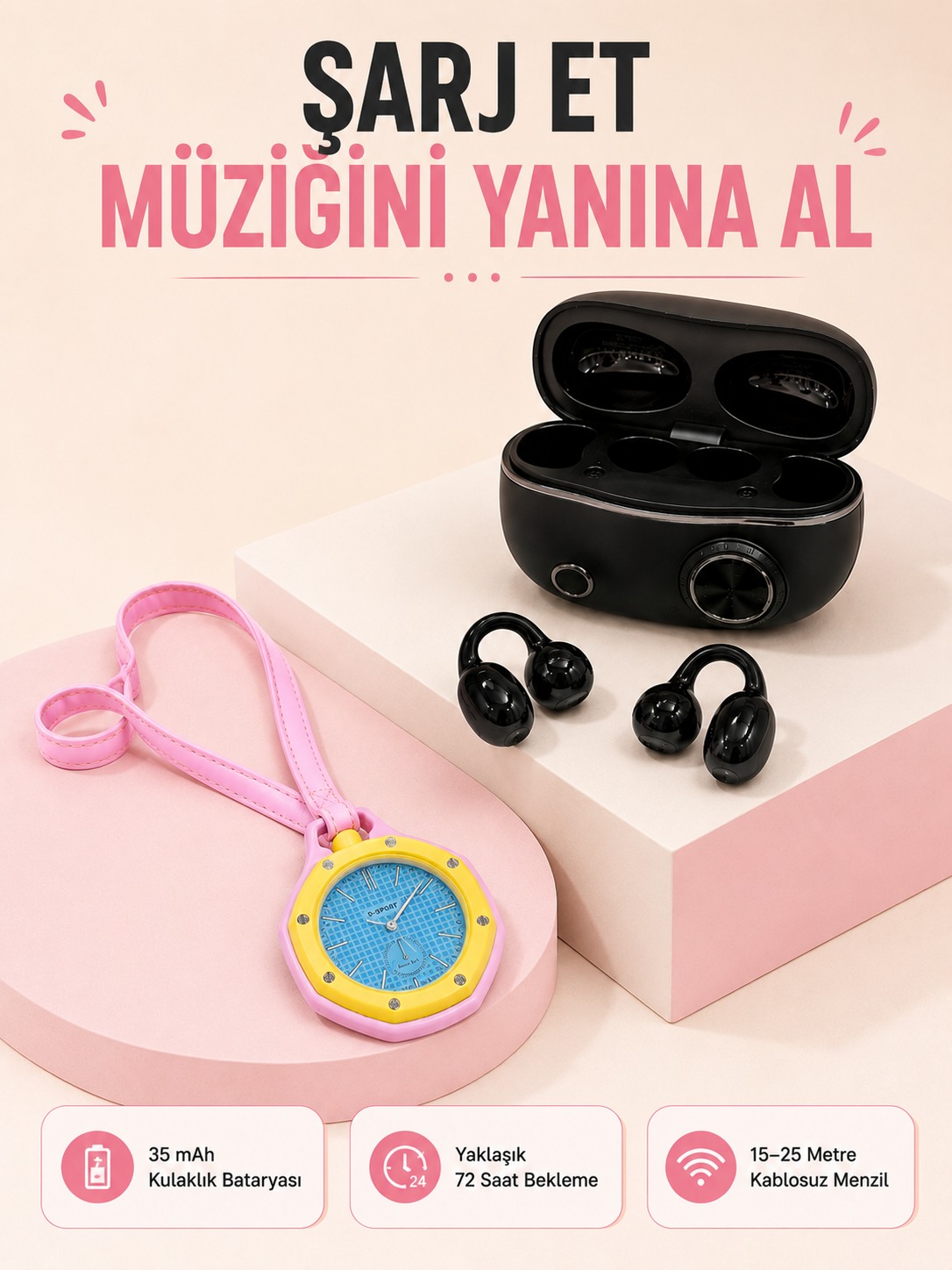 Kablosuz Kulaklık Seti ve Pembe Askılı Analog Charm Saat Günlük Kullanım Kampanyası