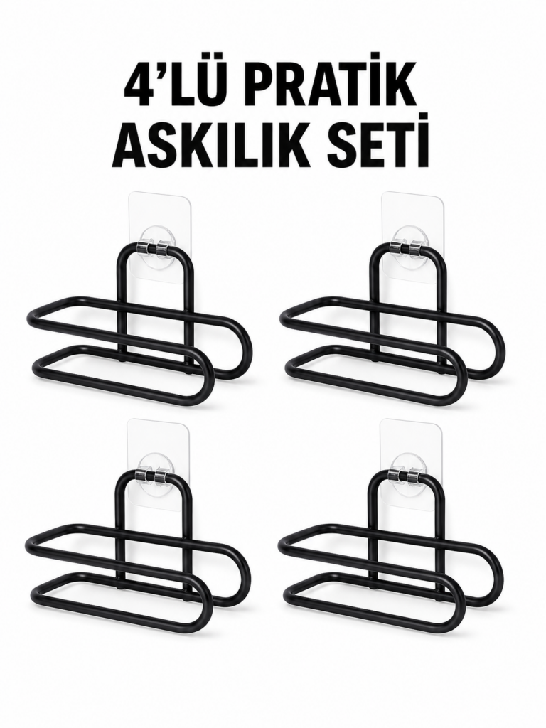 Siyah Metal WC Kağıtlık Yapışkanlı Duvar Tipi Tuvalet Kağıdı Tutucu Seti 4 Adet