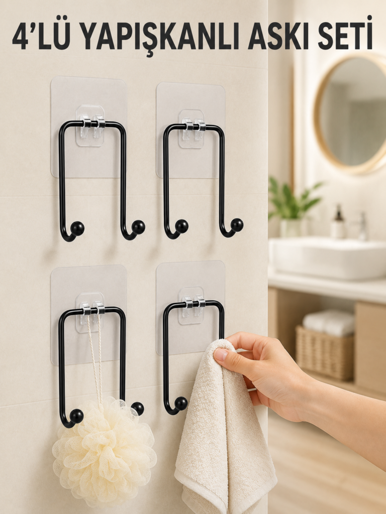 4'lü Yapışkanlı Askı Seti Mutfak Banyo ve Ev İçin Duvar Askısı