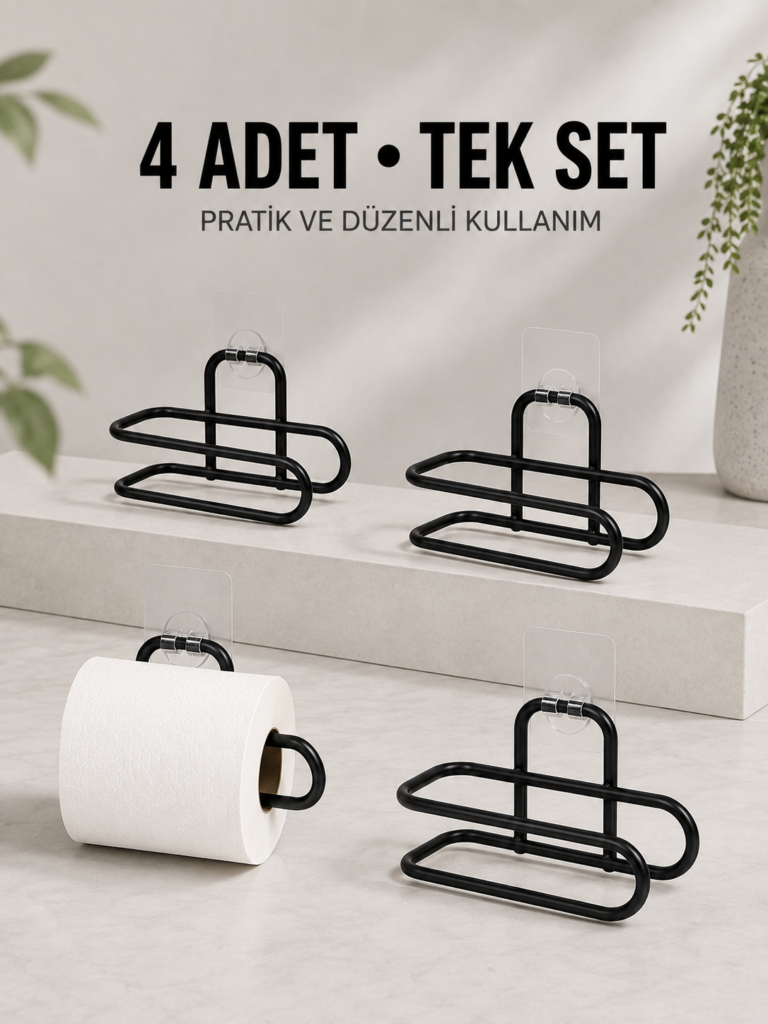 Duvara Yapışkanlı WC Kağıtlık Siyah Metal 4 Adet Tuvalet Kağıdı Rulo Askısı