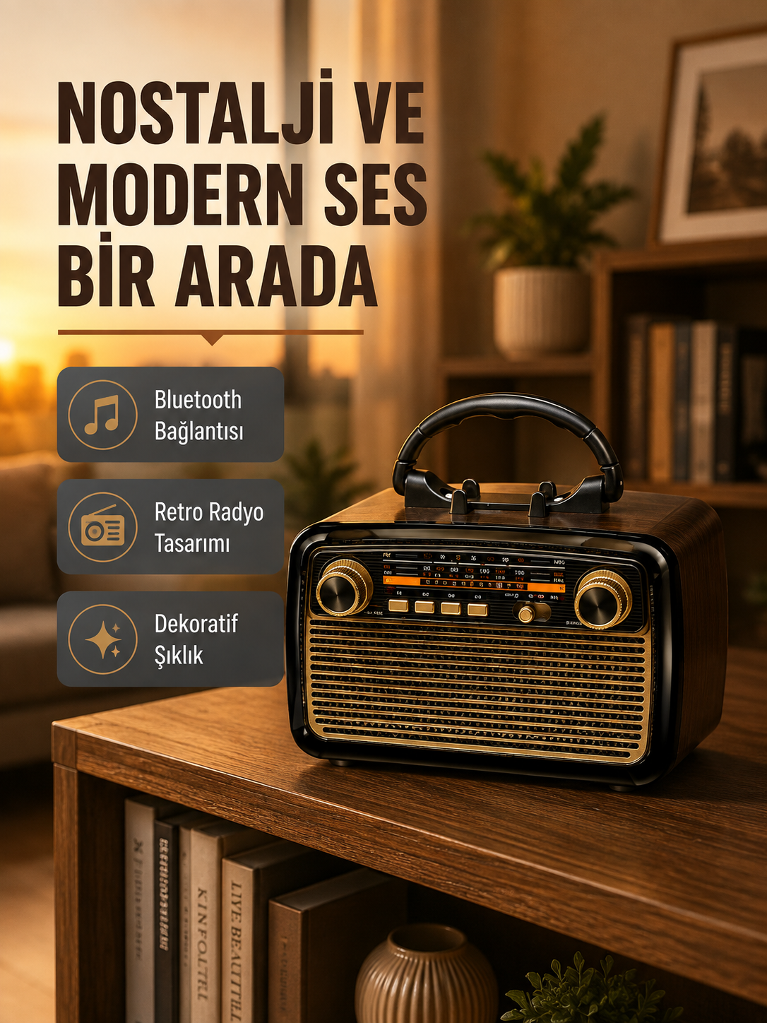 LED’li Nostaljik Bluetooth Hoparlör – Vintage Tasarım, Ahşap Doku